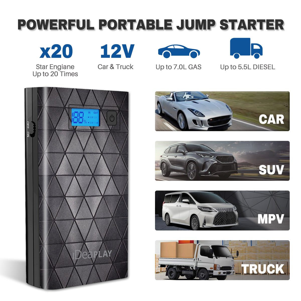 IDEAPLAY J8 Plus Jump Starter 8000mAh 29.6Wh Portable Car Charger 2