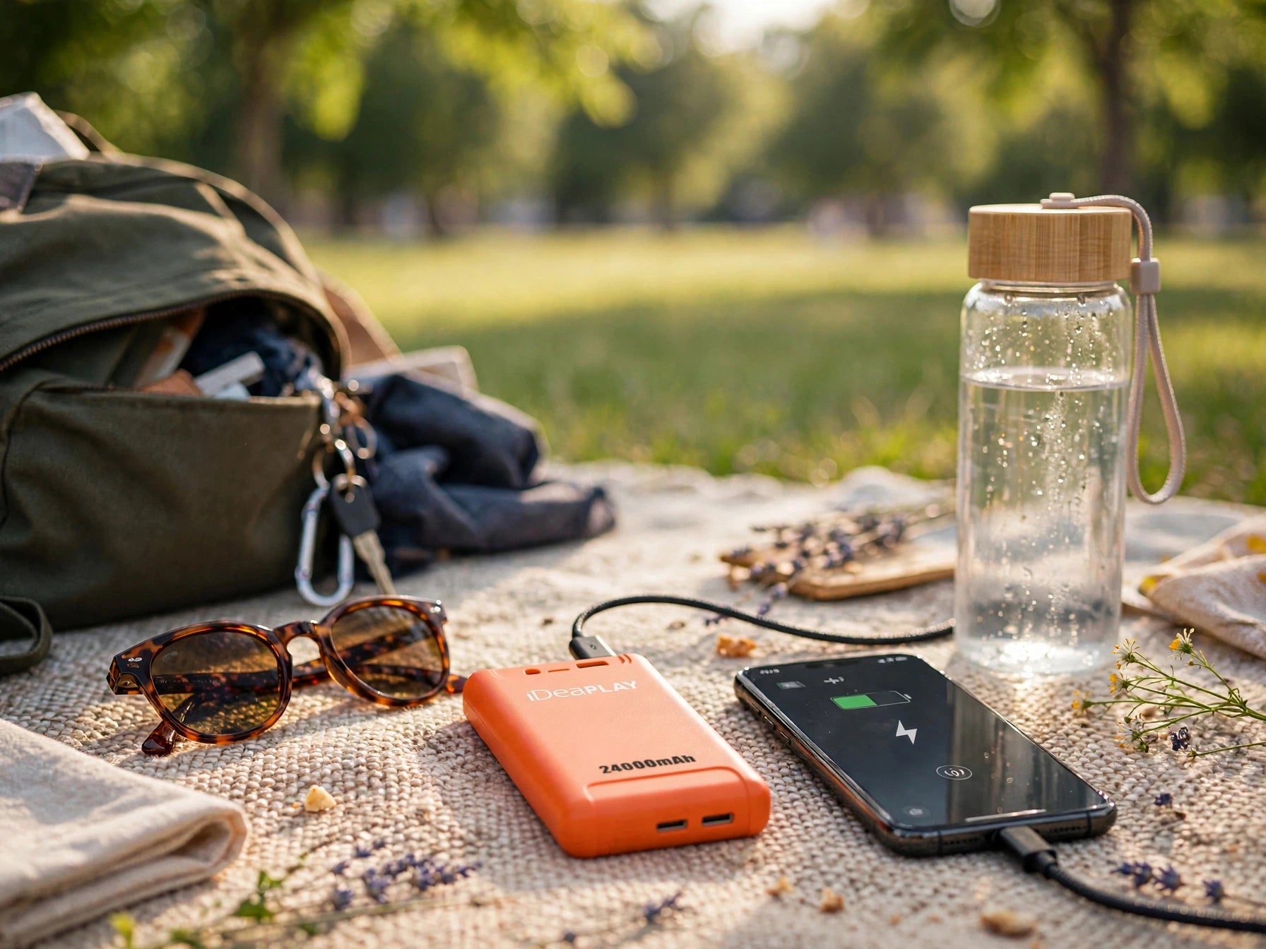 The orange iDeaPLAY P240 24000mAh power bank lying flat on a picnic blanket, charging a smartphone of matching size beside sunglasses, a backpack and a water bottle in a park