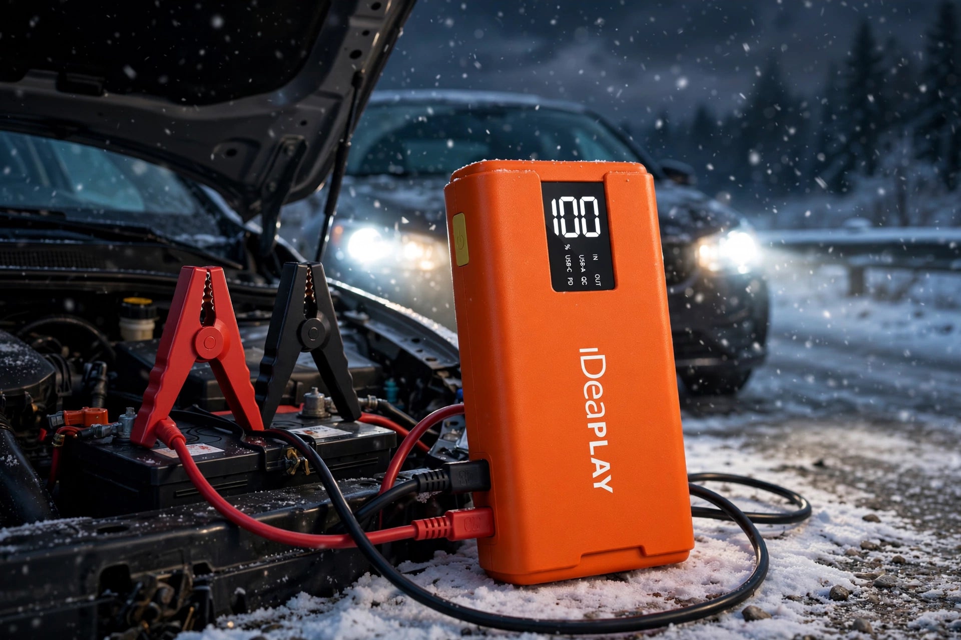 An orange iDeaPLAY J10 jump starter connected to a car battery on a snowy roadside at night