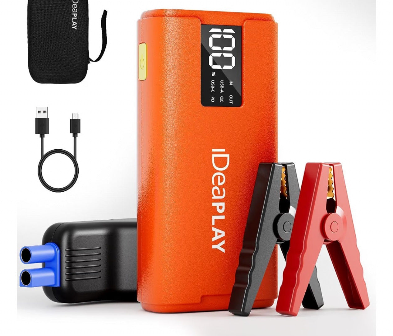 Orange iDeaPLAY J10 jump starter kit with orange unit, carrying case, jumper clamps and cables