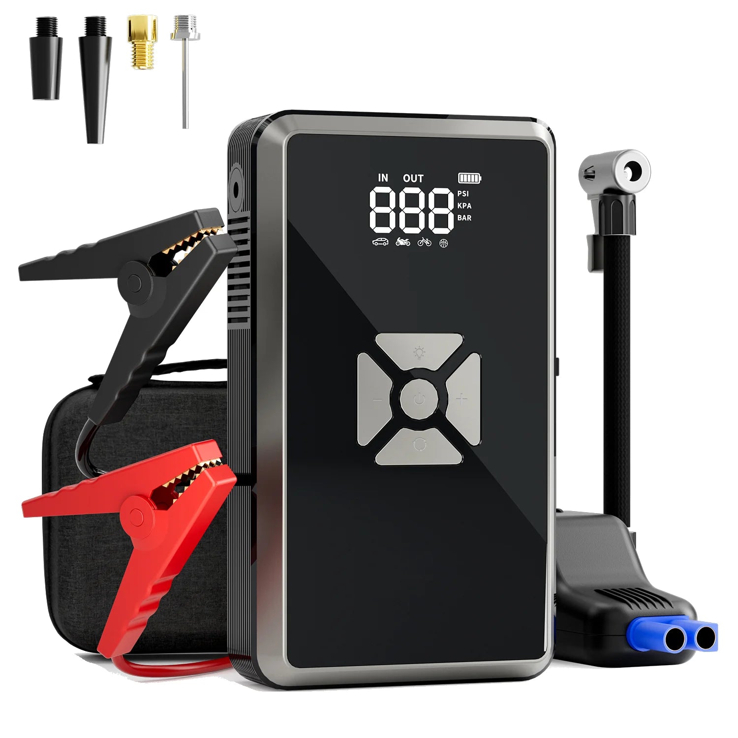 iDeaPLAY J20 jump starter with air compressor kit: unit, smart clamps, air hose and carrying bag
