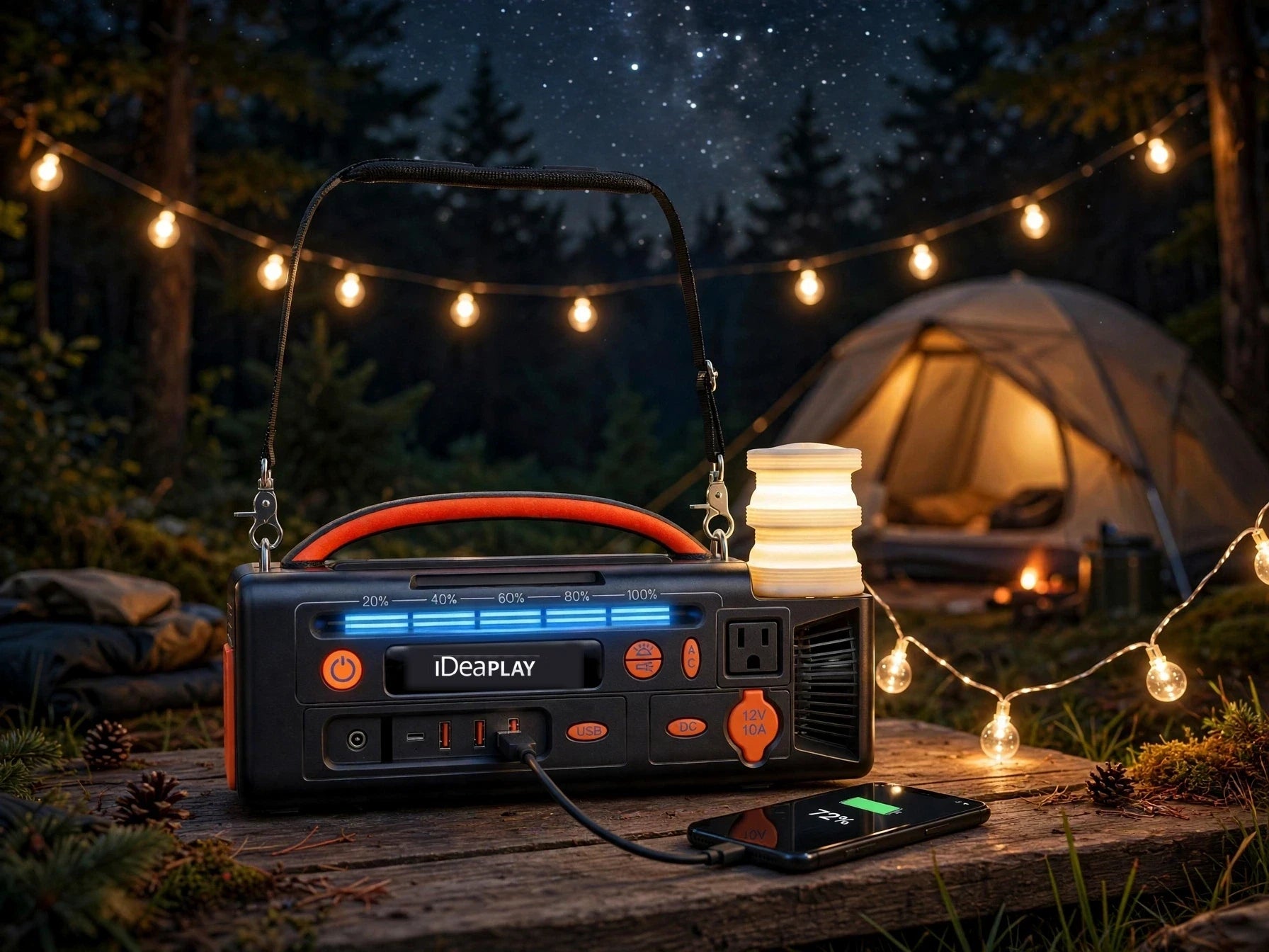 The iDeaPLAY P300 power station at a night campsite, powering a warm string of campsite lights and its lantern while charging a smartphone